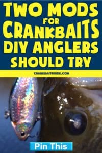 Image of a fish with a lure hooked to its mouth and hanging down over its lip, with a text overlay "Two Mods for Crankbaits DIY Anglers Should Try